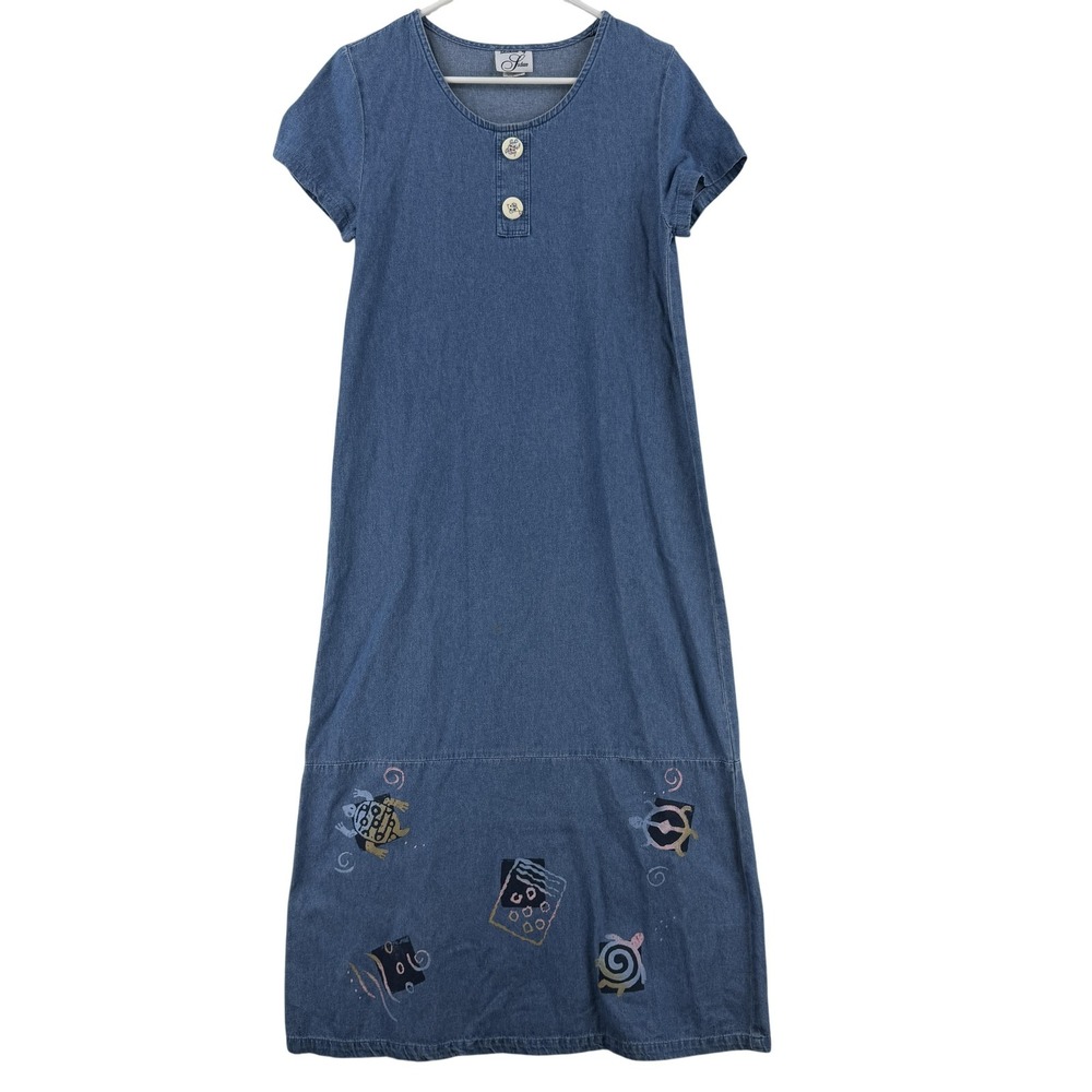 VTG Islandwear By Sidan Dress Womens Petite Blue Shirt Maxi Embroidered Sea Life